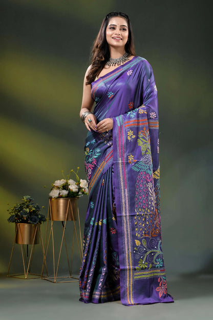 Purple peacock motif hand embroidered silk kantha stitch saree 6