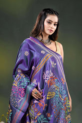 Purple peacock motif hand embroidered silk kantha stitch saree 2