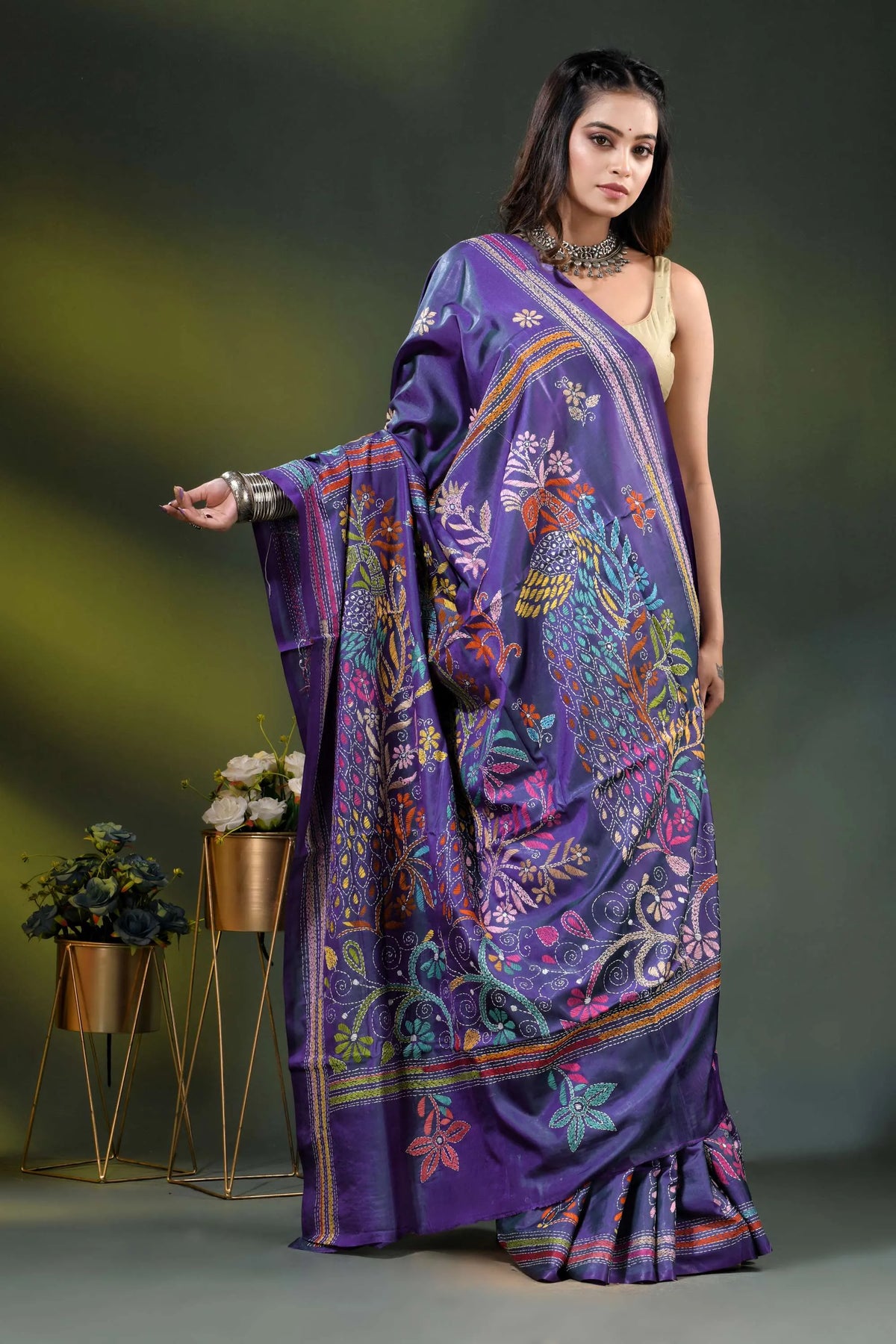 Purple peacock motif hand embroidered silk kantha stitch saree 4