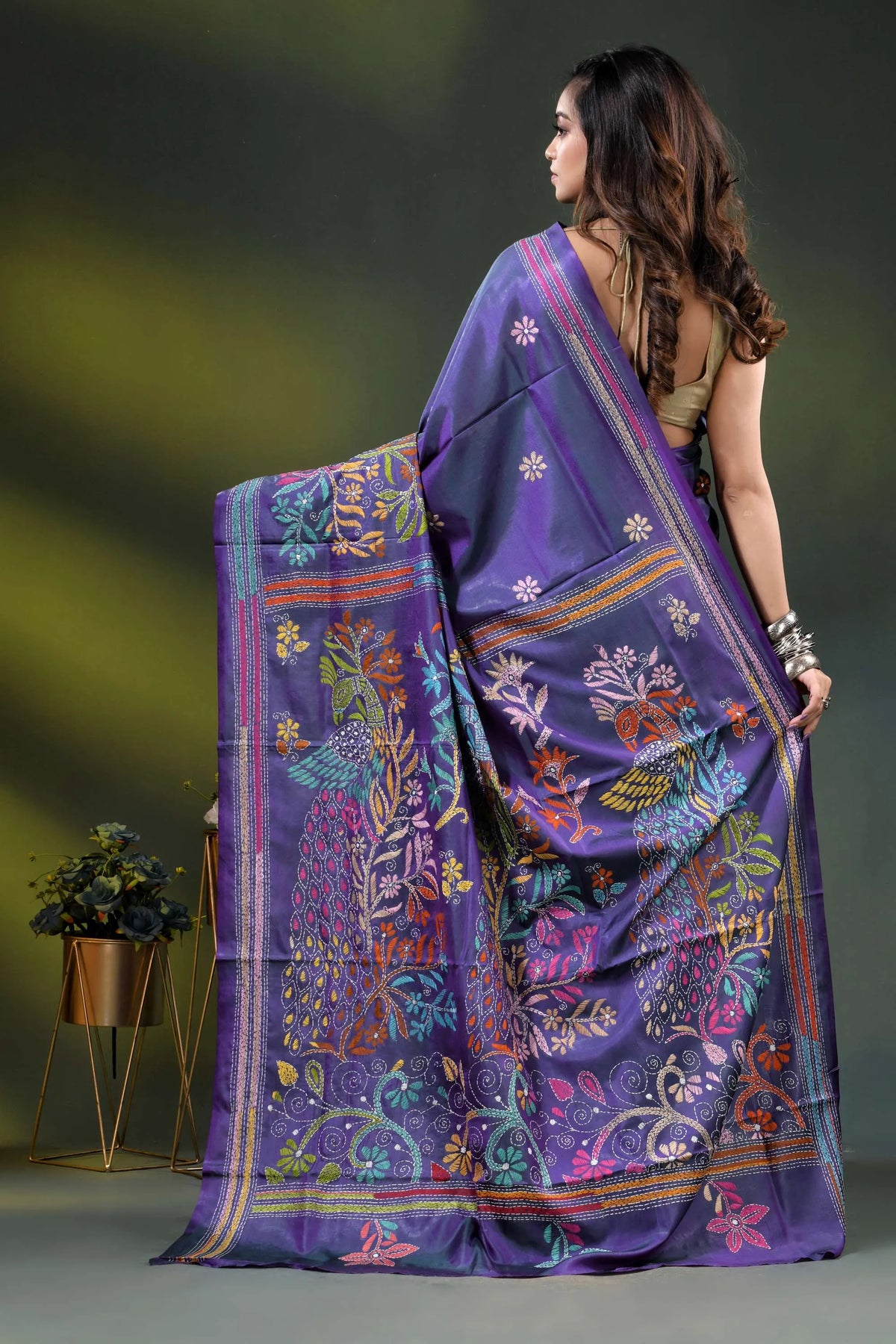 Purple peacock motif hand embroidered silk kantha stitch saree 5