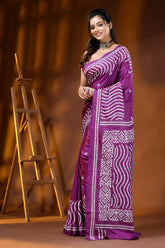 Purple silk gujarati stitch saree - handcrafted geometric wave design 3