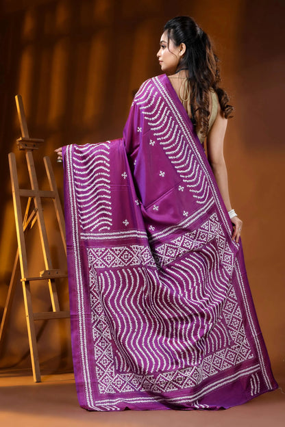 Purple silk gujarati stitch saree - handcrafted geometric wave design 5