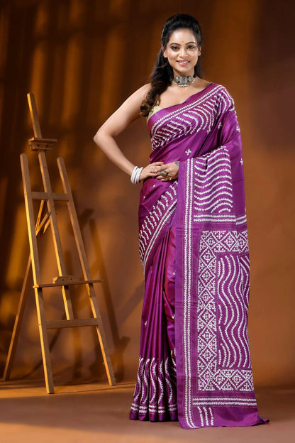 Purple silk gujarati stitch saree - handcrafted geometric wave design 1