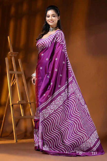 Purple silk gujarati stitch saree - handcrafted geometric wave design 4