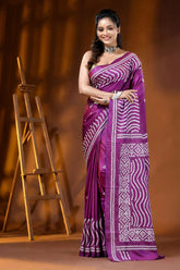 Purple silk gujarati stitch saree - handcrafted geometric wave design 6