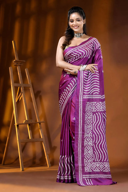 Purple silk gujarati stitch saree - handcrafted geometric wave design 6