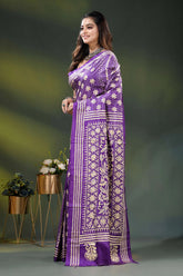 Purple silk kantha saree with hand embroidered floral design 3