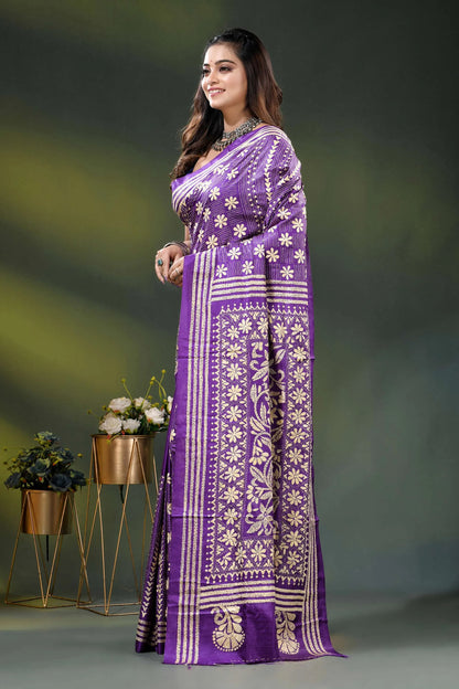 Purple silk kantha saree with hand embroidered floral design 3