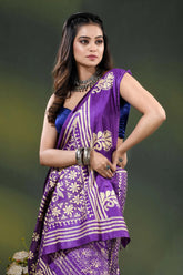 Purple silk kantha saree with hand embroidered floral design 2