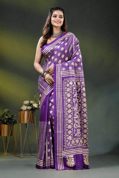 Purple silk kantha saree with hand embroidered floral design 6