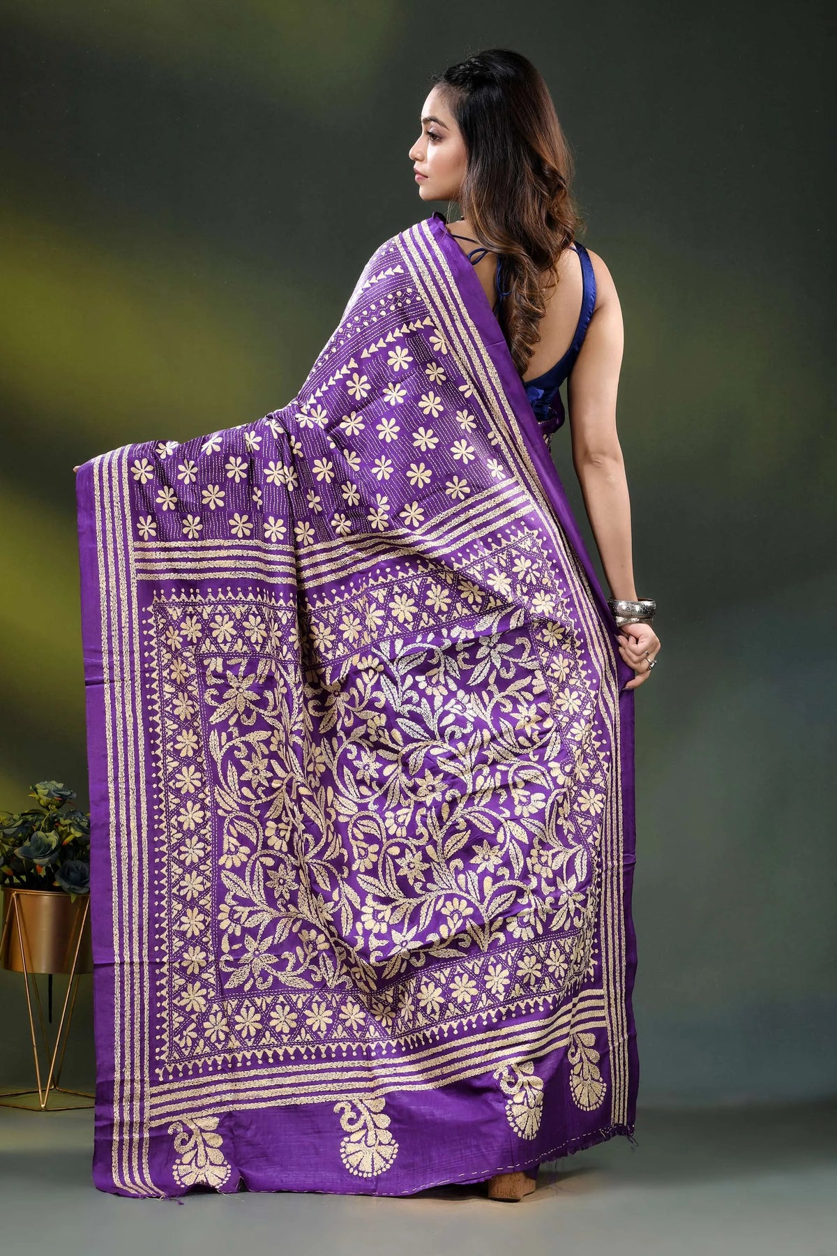 Purple silk kantha saree with hand embroidered floral design 5