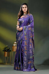 Purple silk kantha saree with hand embroidered folk bullock cart motif 6