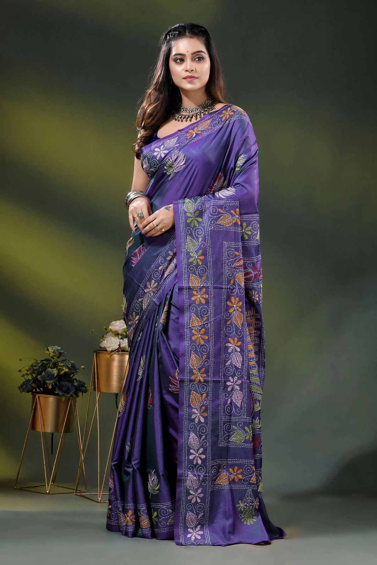 Purple silk kantha saree with hand embroidered folk bullock cart motif 6