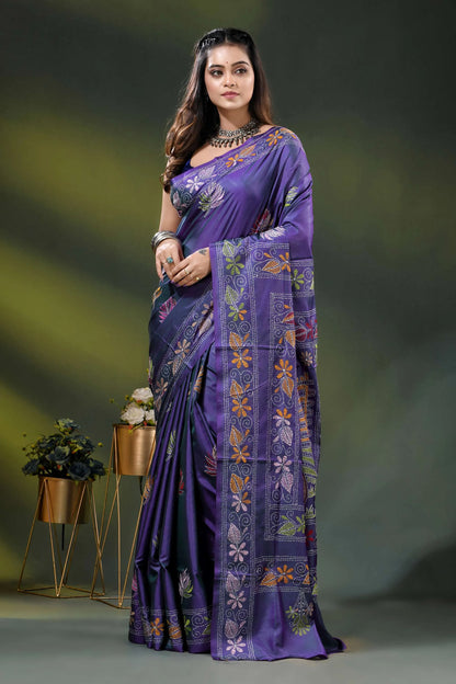 Purple silk kantha saree with hand embroidered folk bullock cart motif 6
