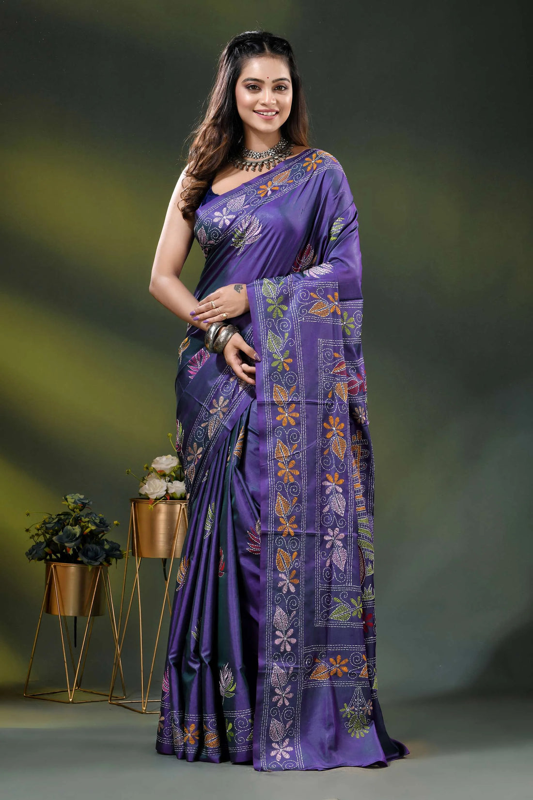 Purple silk kantha saree with hand embroidered folk bullock cart motif 1
