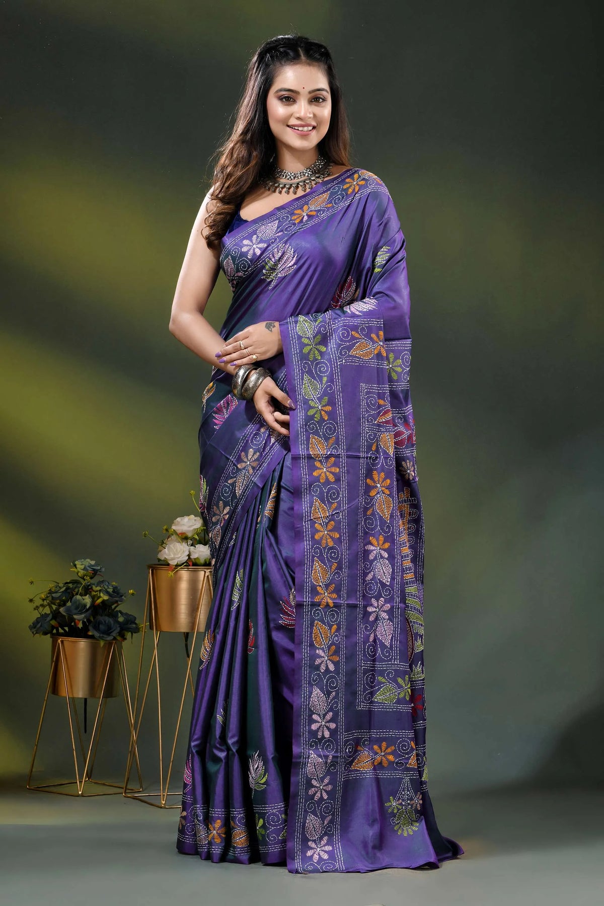 Purple silk kantha saree with hand embroidered folk bullock cart motif 1