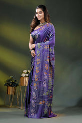 Purple silk kantha saree with hand embroidered folk bullock cart motif 3