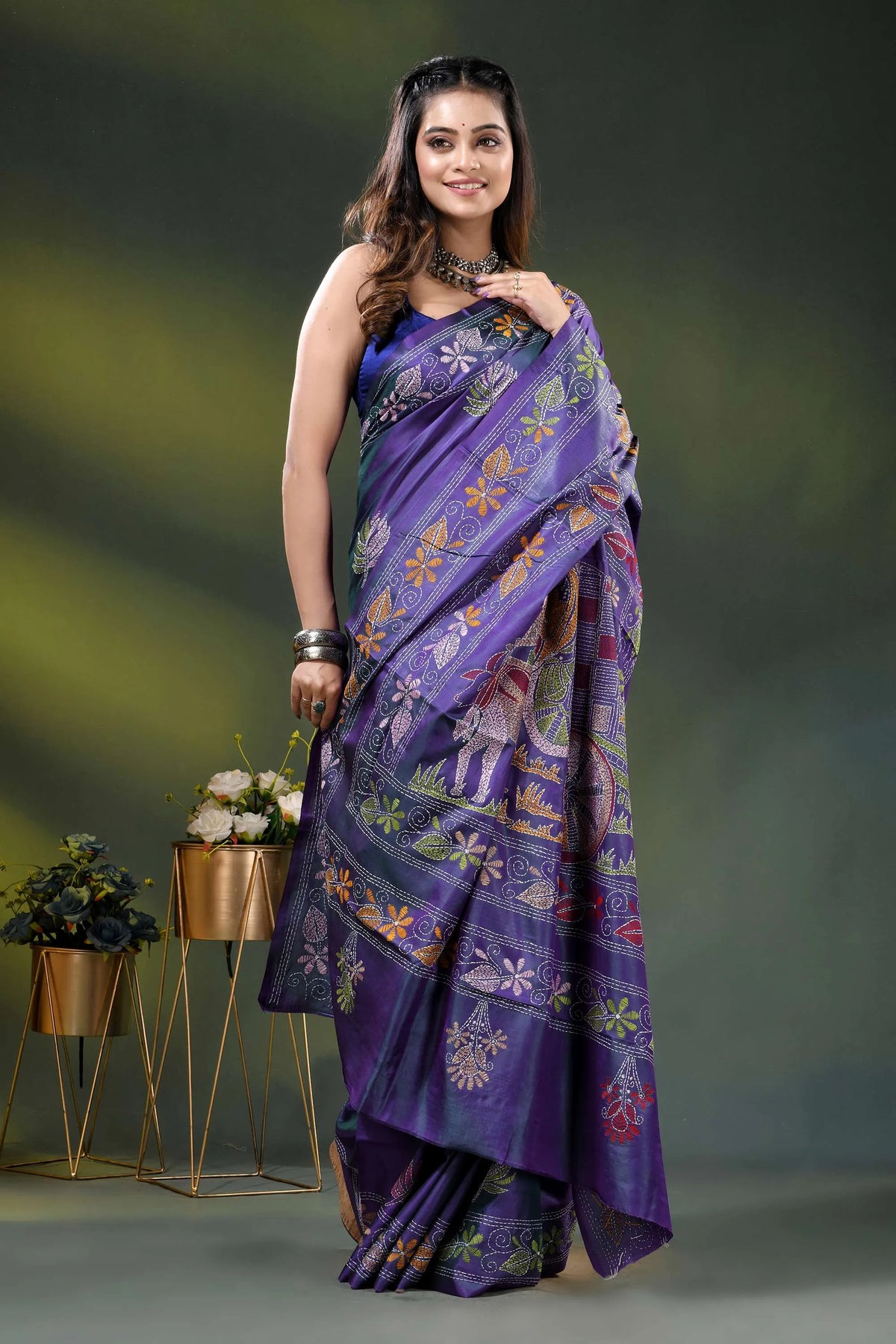 Purple silk kantha saree with hand embroidered folk bullock cart motif 4
