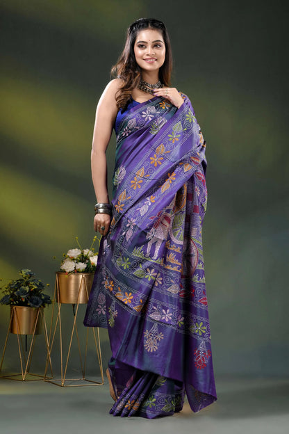 Purple silk kantha saree with hand embroidered folk bullock cart motif 4