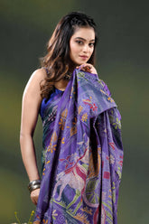 Purple silk kantha saree with hand embroidered folk bullock cart motif 2