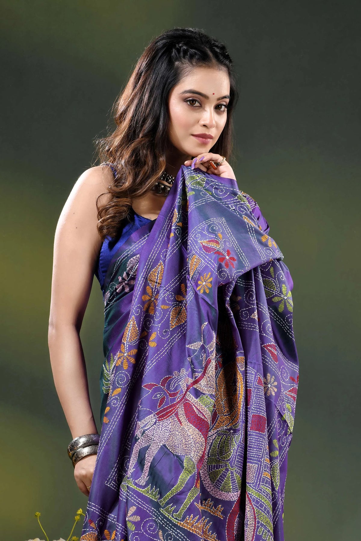 Purple silk kantha saree with hand embroidered folk bullock cart motif 2