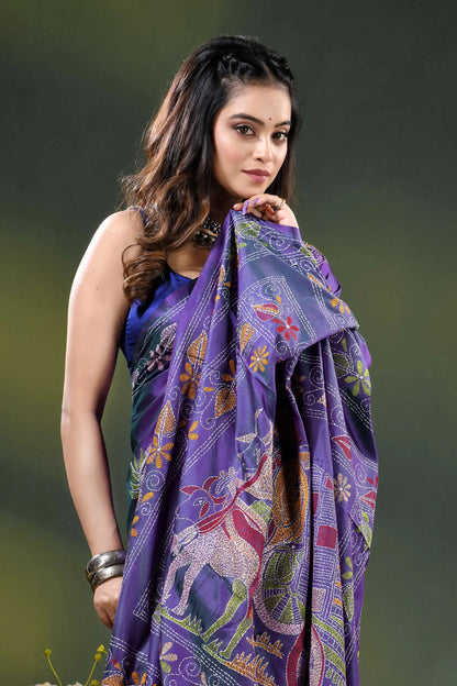 Purple silk kantha saree with hand embroidered folk bullock cart motif 2