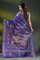 Purple silk kantha saree with hand embroidered folk bullock cart motif 5