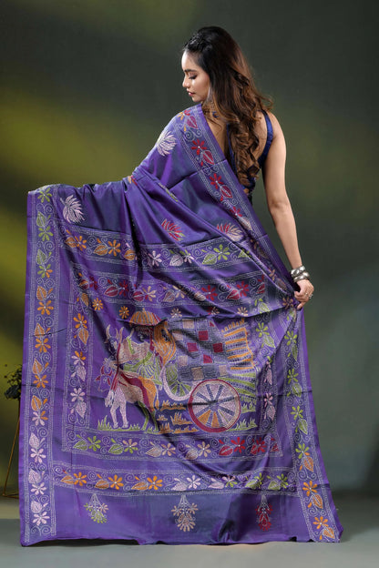 Purple silk kantha saree with hand embroidered folk bullock cart motif 5