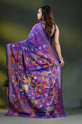 Purple silk kantha stitch saree with exclusive bullock cart design 5