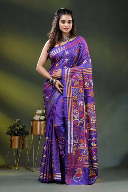 Purple silk kantha stitch saree with exclusive bullock cart design 1