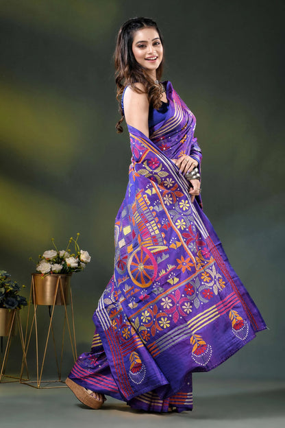 Purple silk kantha stitch saree with exclusive bullock cart design 4