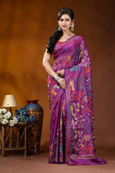 Purple silk kantha stitch saree with handcrafted multi-thread bird design vibrant purple saree adorned intricate 1