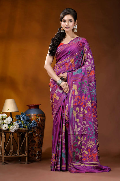 Purple silk kantha stitch saree with handcrafted multi-thread bird design vibrant purple saree adorned intricate 1