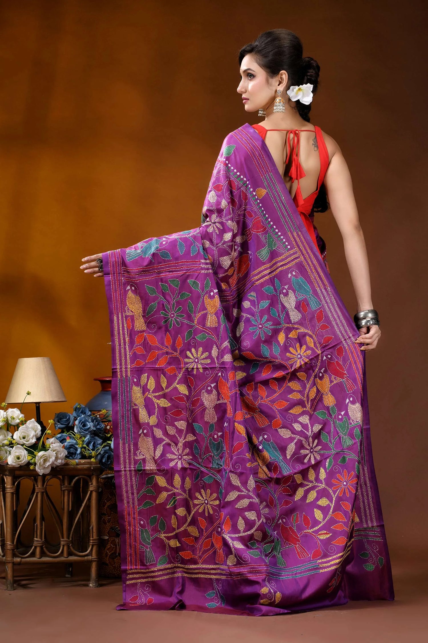 Purple silk kantha stitch saree with handcrafted multi-thread bird design vibrant purple banarasi saree adorned 5