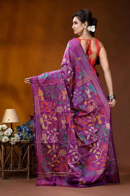 Purple silk kantha stitch saree with handcrafted multi-thread bird design vibrant purple banarasi saree adorned 5