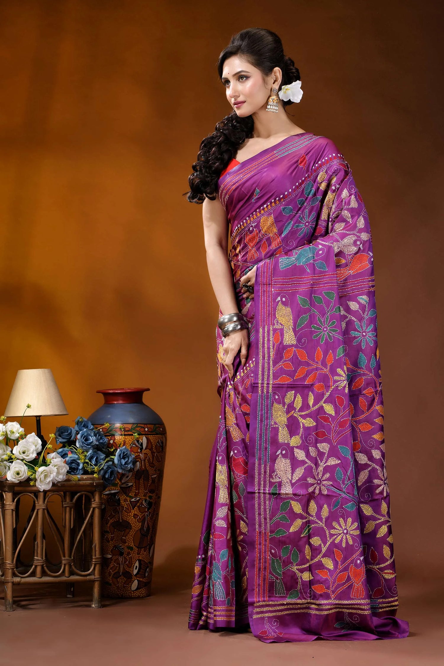 Purple silk kantha stitch saree with handcrafted multi-thread bird design vibrant purple saree adorned intricate 3
