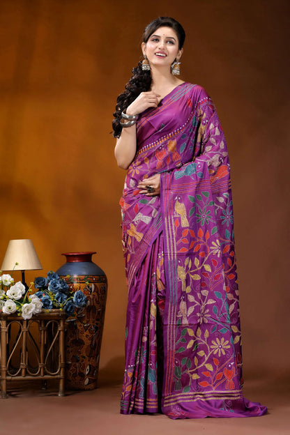 Purple silk kantha stitch saree with handcrafted multi-thread bird design vibrant purple silk saree adorned 6