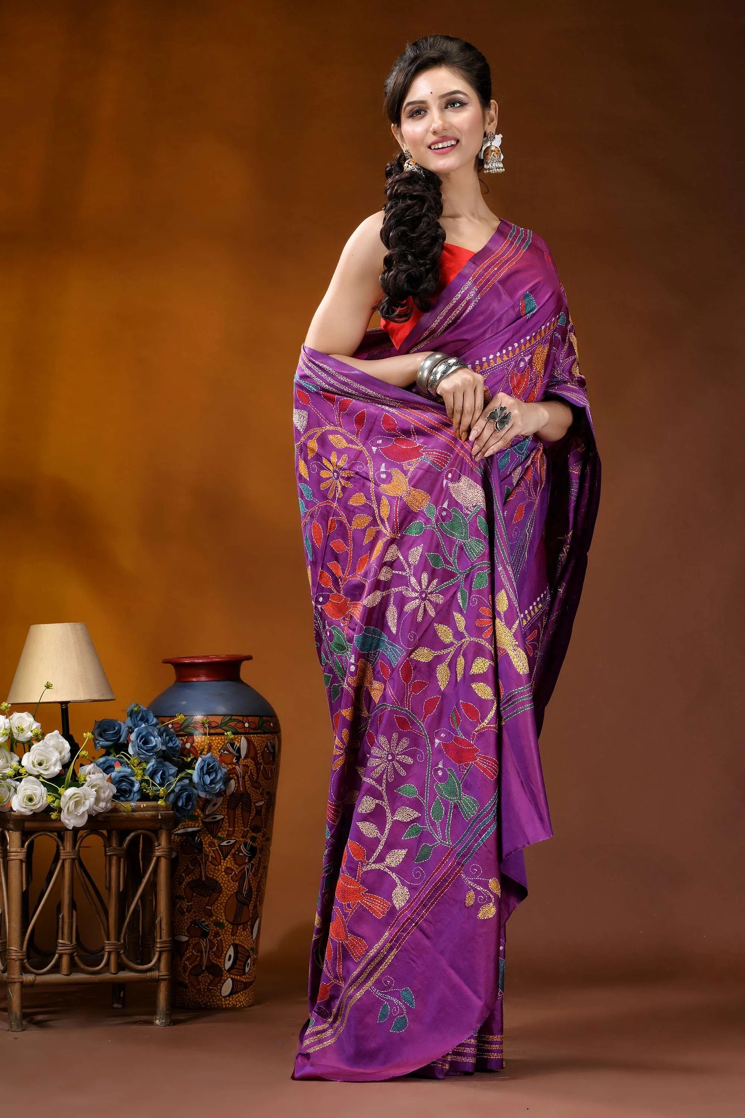 Purple silk kantha stitch saree with handcrafted multi-thread bird design vibrant purple saree adorned intricate 4
