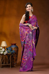 Purple silk kantha stitch saree with handcrafted multi-thread bird design vibrant purple saree adorned intricate 4