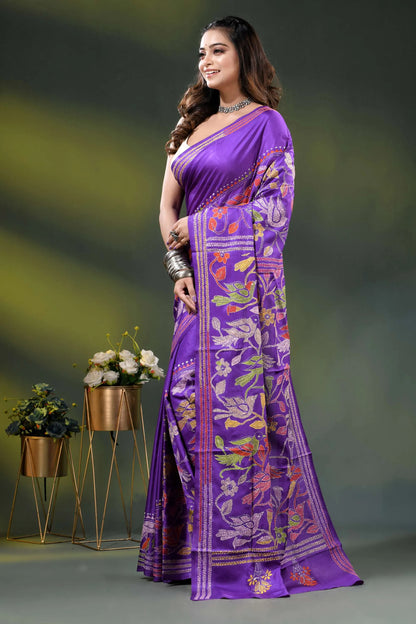 Purple silk kantha stitch saree with multicolor bird floral design 3