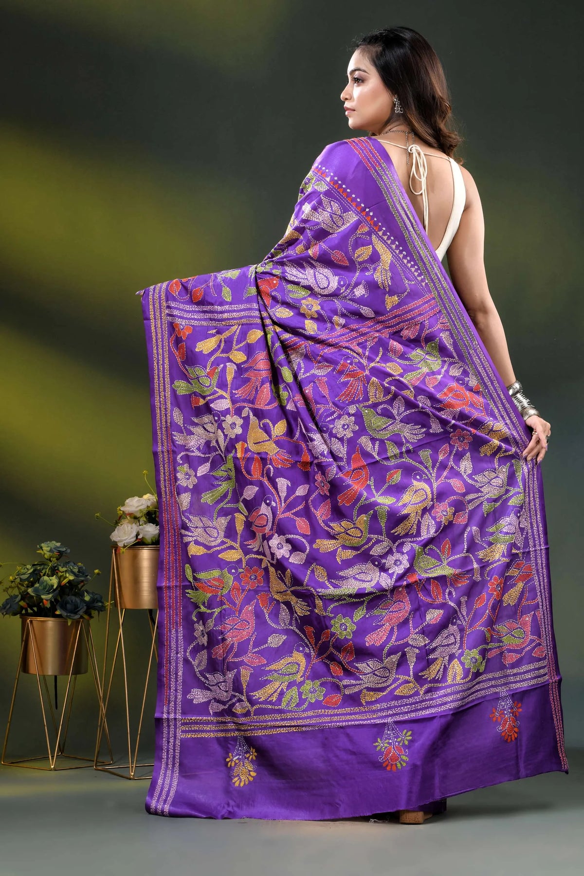 Purple silk kantha stitch saree with multicolor bird floral design 5