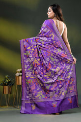 Purple silk kantha stitch saree with multicolor bird floral design 5