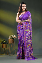 Purple silk kantha stitch saree with multicolor bird floral design 1