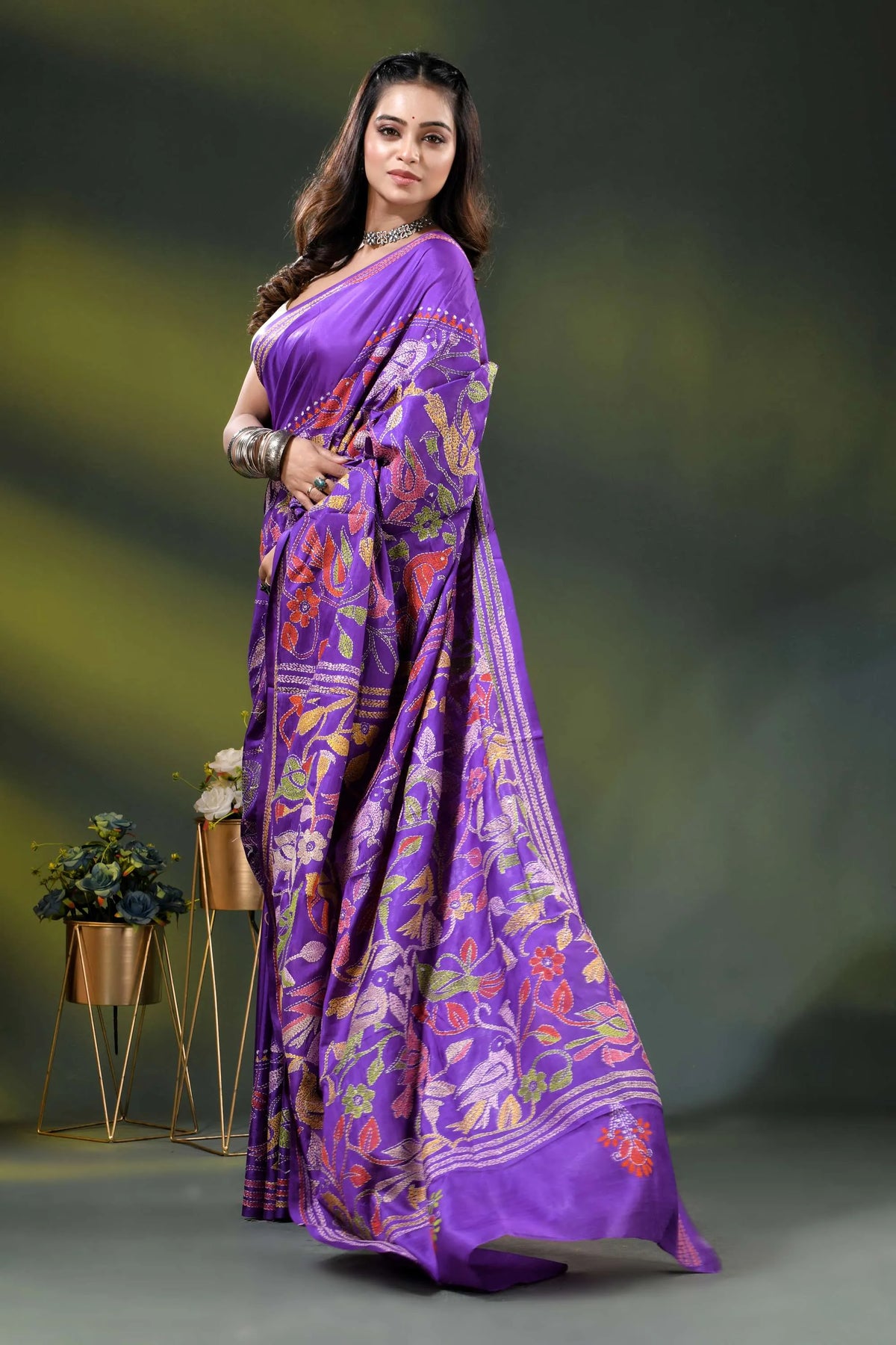 Purple silk kantha stitch saree with multicolor bird floral design 4