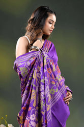Purple silk kantha stitch saree with multicolor bird floral design 2