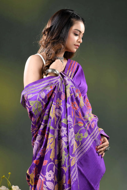 Purple silk kantha stitch saree with multicolor bird floral design 2