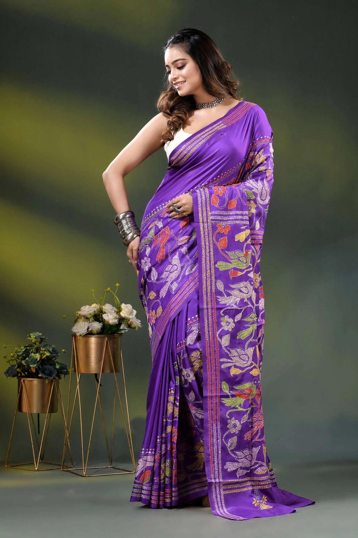 Purple silk kantha stitch saree with multicolor bird floral design 7