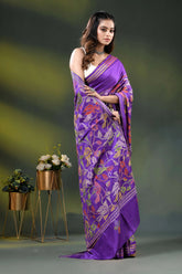 Purple silk kantha stitch saree with multicolor bird floral design 6