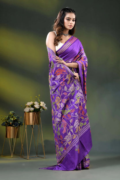 Purple silk kantha stitch saree with multicolor bird floral design 6