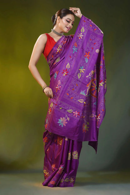 Purple silk kantha work saree with hand embroidered bullock cart motif 4